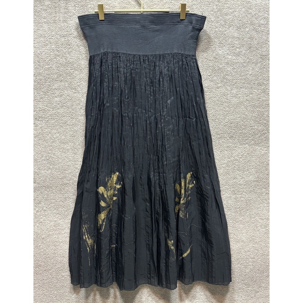 Babette SF Black Midi Skirt Pleated Gold Flower Print Pull-On Womens Large